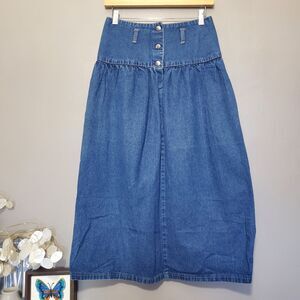 Vintage Denim Midi Skirt Size 7 High Waist Snap Button Pleated Cottagecore